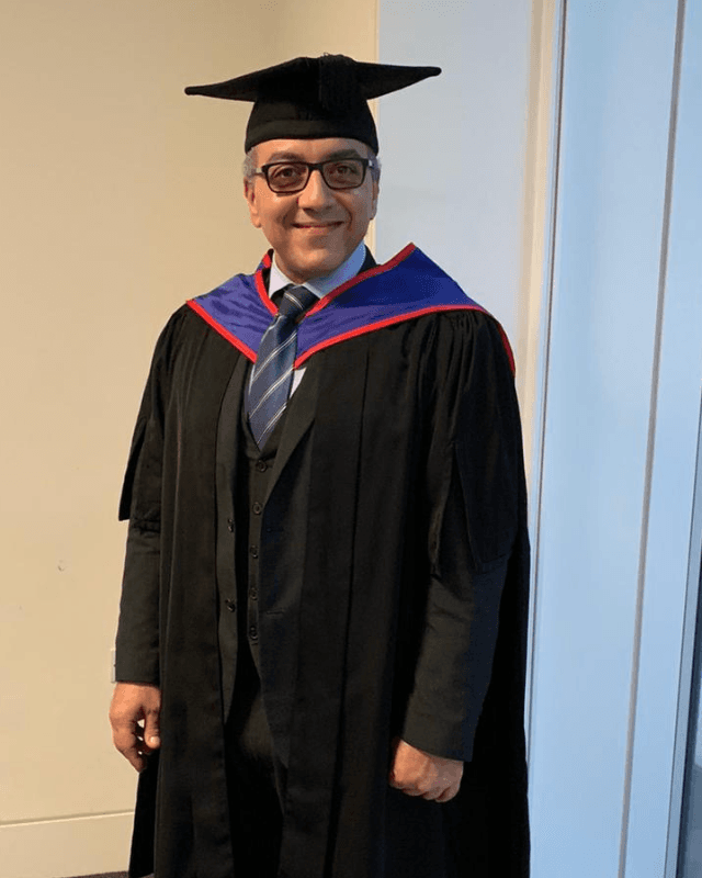 Mr Sherif Elshazly in academic cap and gown at his MSc graduation
